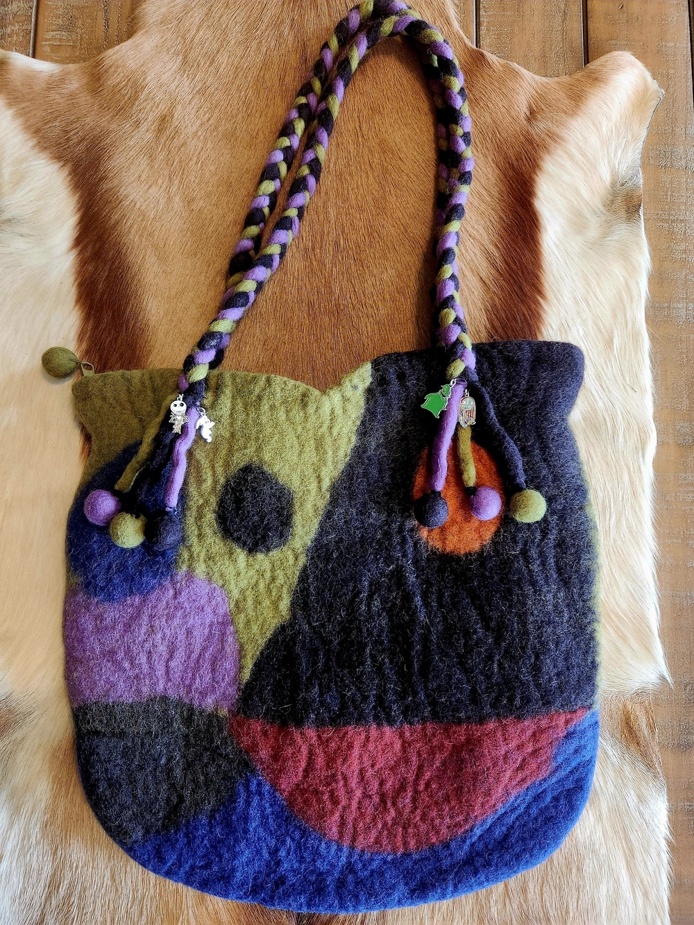 Handcrafted Multi-Color Felt Tote Bag - Purple, Olive, Black